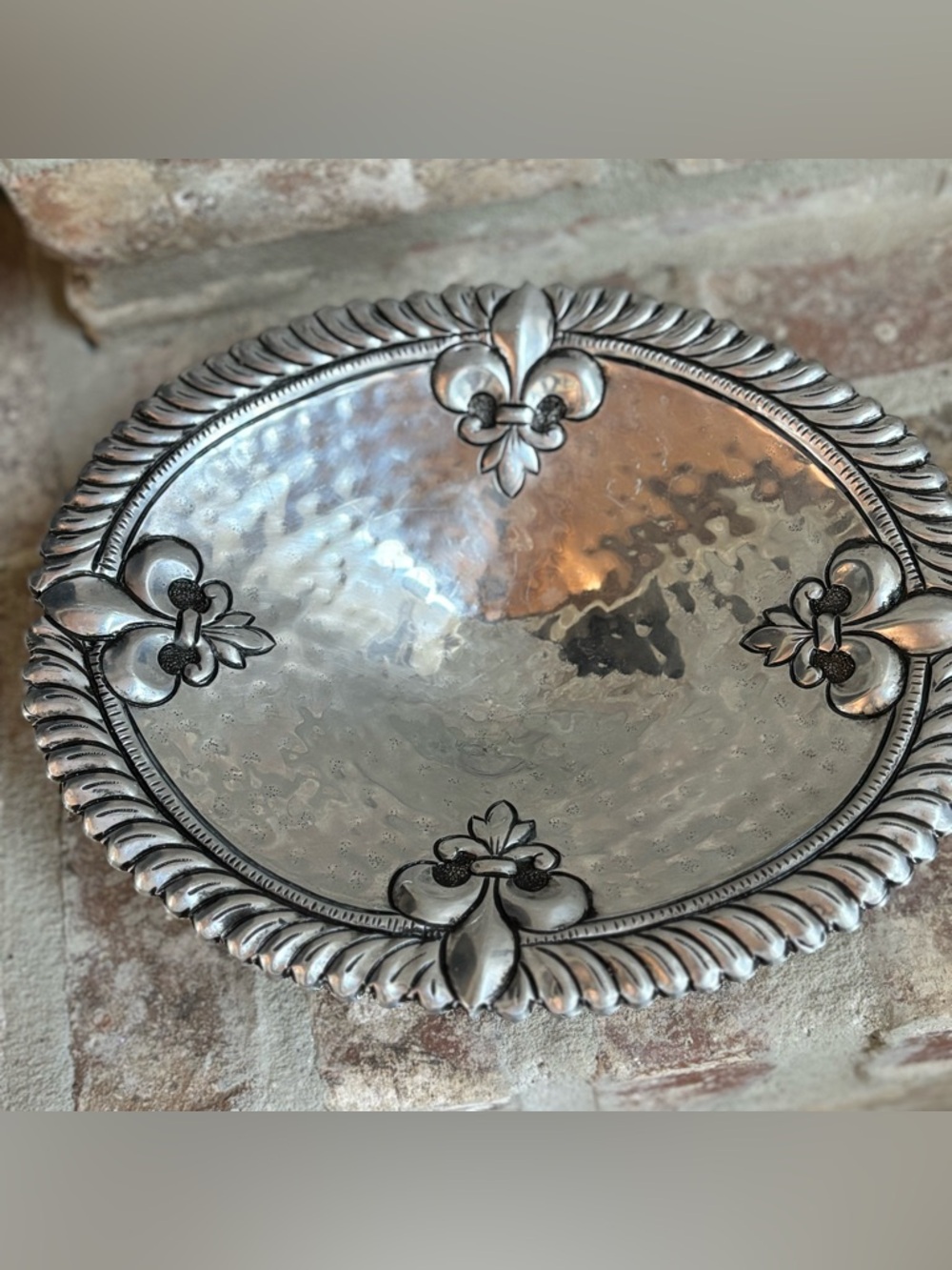 Hammered Aluminum Footed Decorative Bowl with Fleur-de-Lis Accents